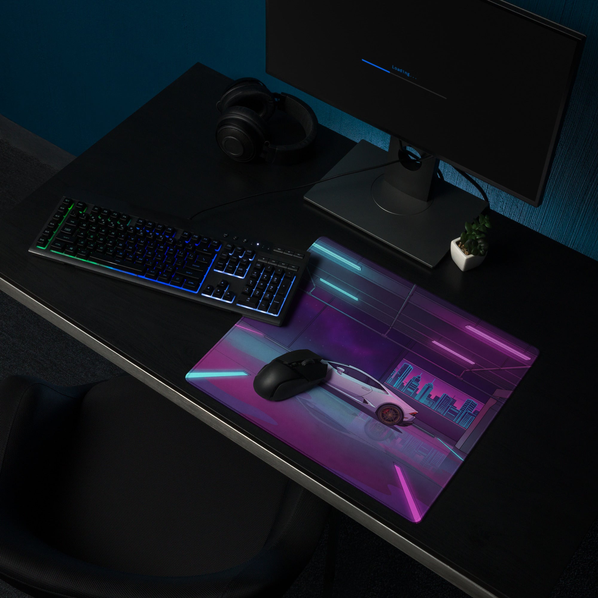 Lamborghini Huracán Inspired White Vaporwave Gaming Mouse Pad – Neon Pink and Cyan Parking Garage Desk Mat with Retro Futuristic Cityscape Art