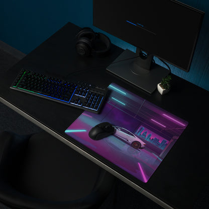 Lamborghini Huracán Inspired White Vaporwave Gaming Mouse Pad – Neon Pink and Cyan Parking Garage Desk Mat with Retro Futuristic Cityscape Art