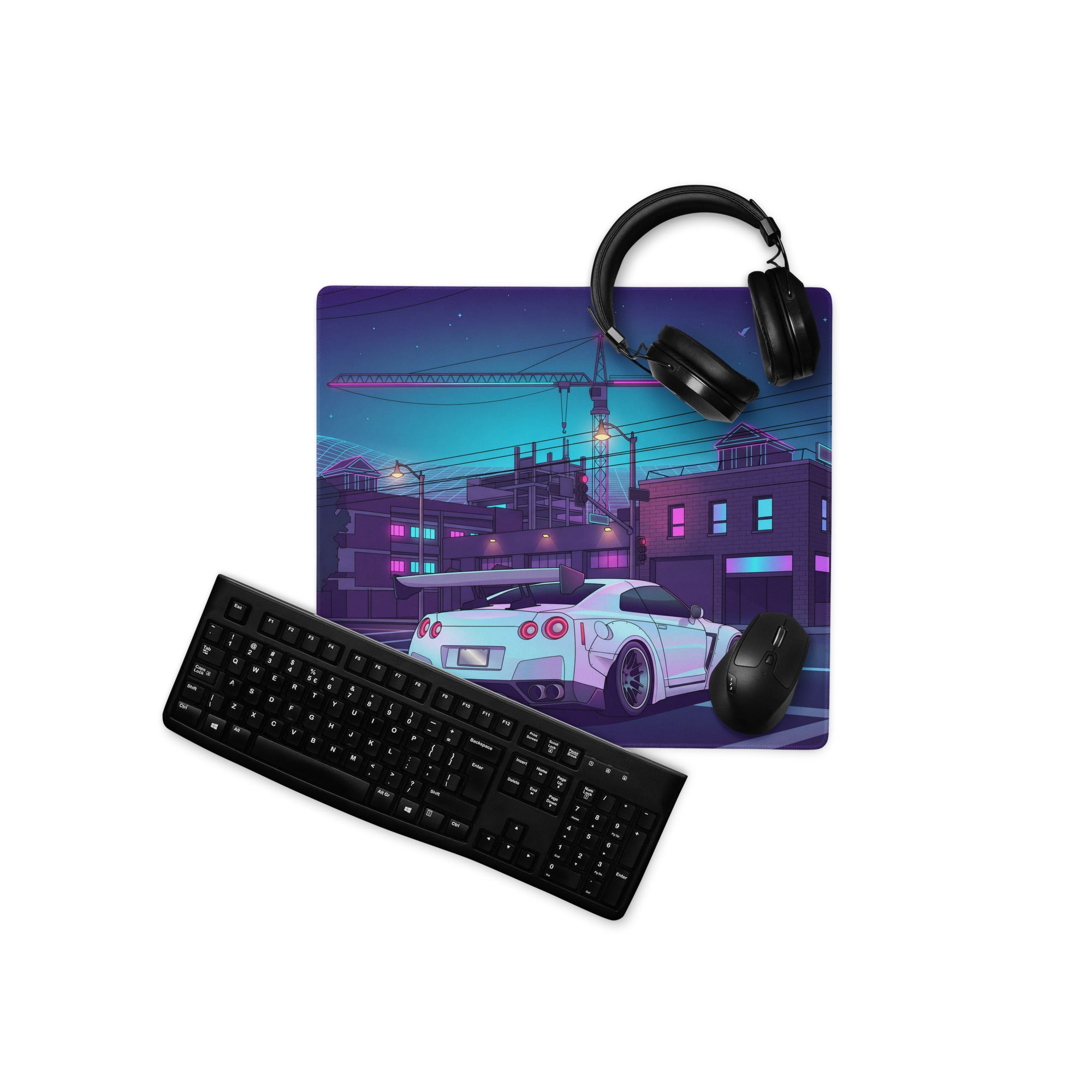 Nissan GT-R R35 Inspired White Vaporwave Gaming Mouse Pad – Neon Cyberpunk City Desk Mat with Construction Site, Synthwave Skyline and Retro Night Art