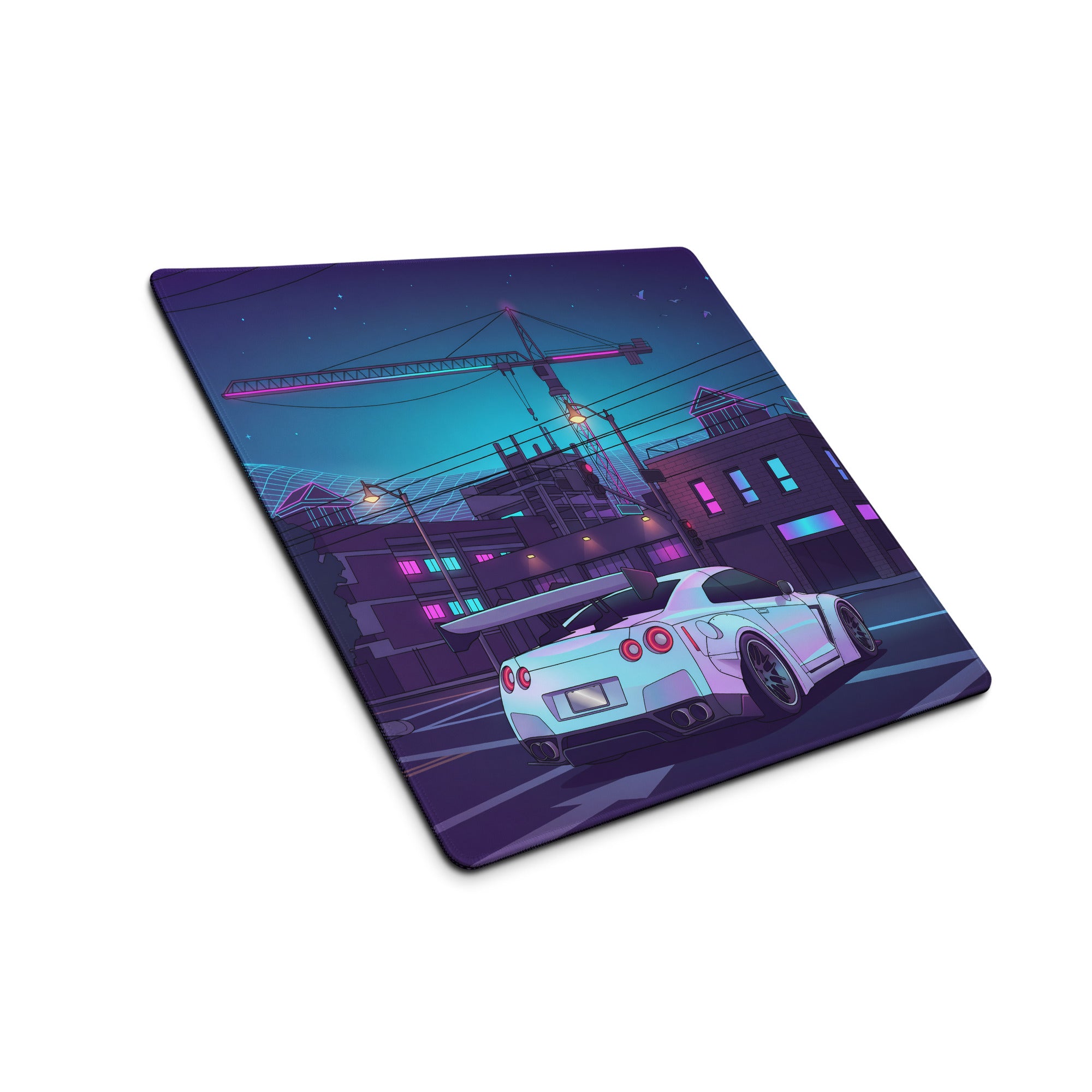 Nissan GT-R R35 Inspired White Vaporwave Gaming Mouse Pad – Neon Cyberpunk City Desk Mat with Construction Site, Synthwave Skyline and Retro Night Art