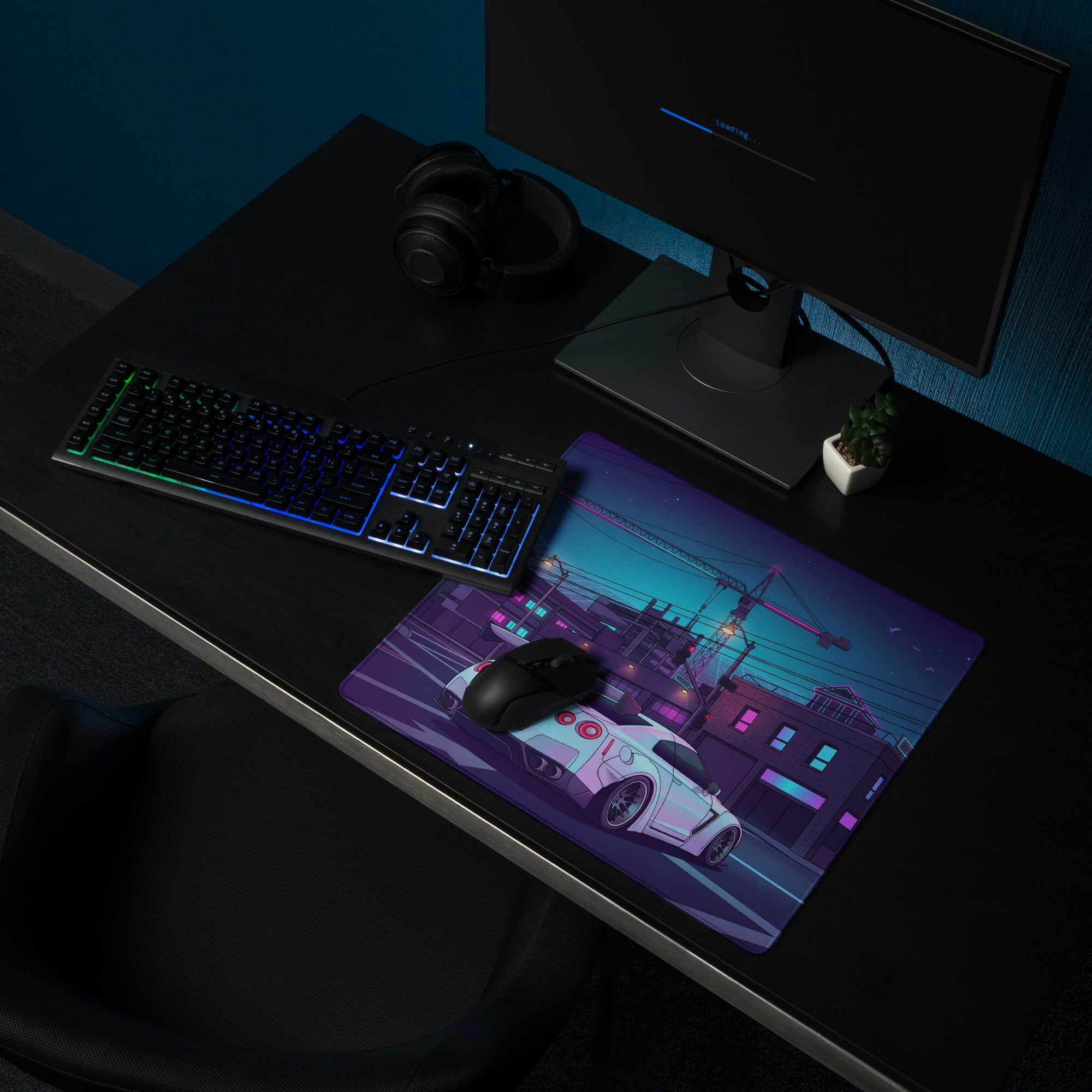 Nissan GT-R R35 Inspired White Vaporwave Gaming Mouse Pad – Neon Cyberpunk City Desk Mat with Construction Site, Synthwave Skyline and Retro Night Art