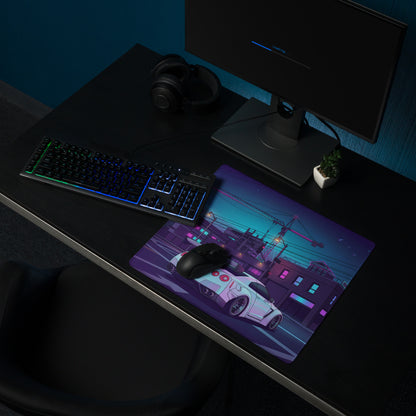 Nissan GT-R R35 Inspired White Vaporwave Gaming Mouse Pad – Neon Cyberpunk City Desk Mat with Construction Site, Synthwave Skyline and Retro Night Art