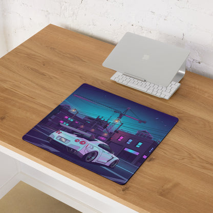 Nissan GT-R R35 Inspired White Vaporwave Gaming Mouse Pad – Neon Cyberpunk City Desk Mat with Construction Site, Synthwave Skyline and Retro Night Art