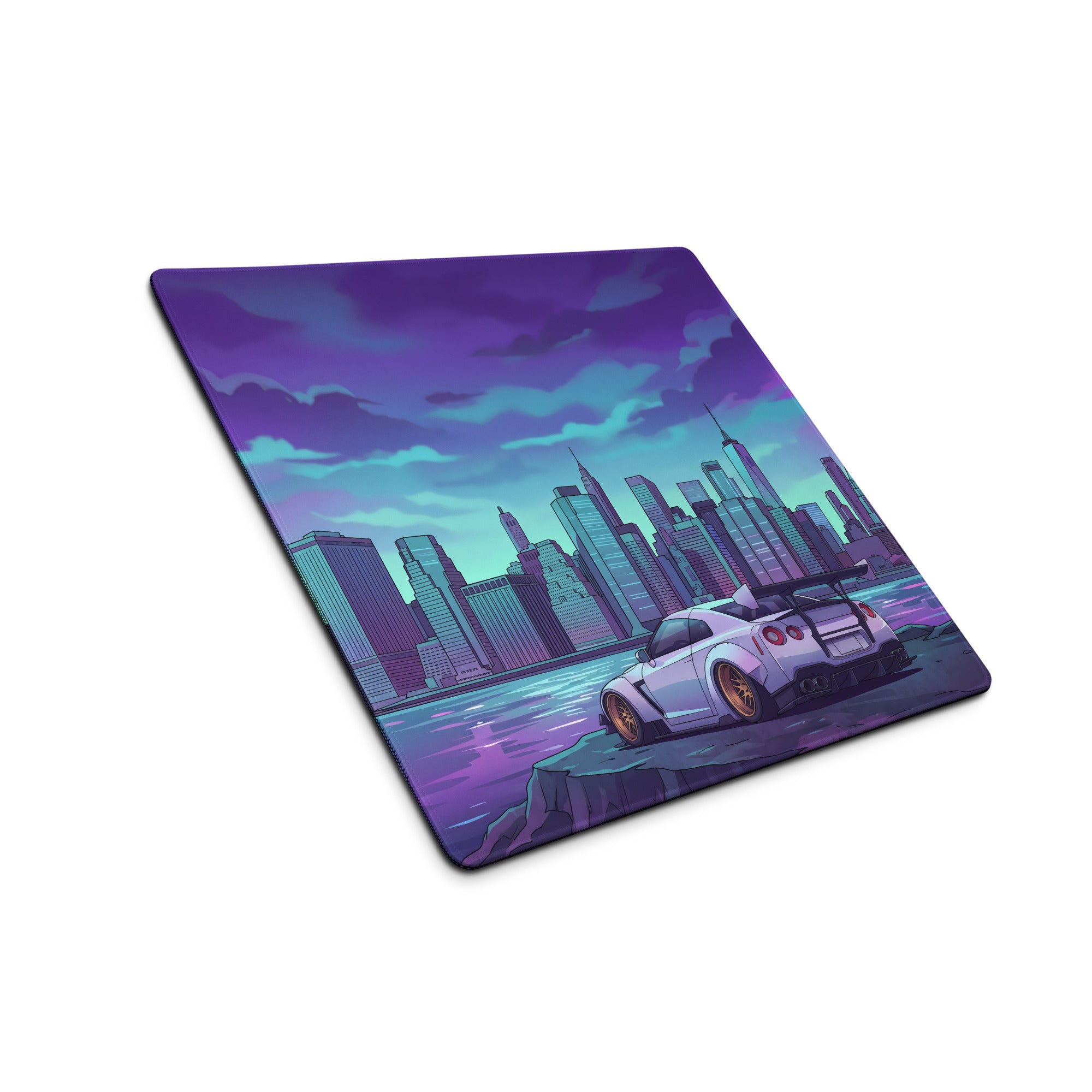 Nissan GT-R R35 Inspired White Purple Vaporwave Gaming Mouse Pad – Neon Futuristic City Skyline Desk Mat with Synthwave Waterfront Art