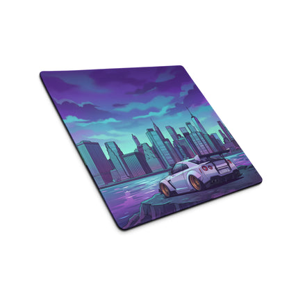 Nissan GT-R R35 Inspired White Purple Vaporwave Gaming Mouse Pad – Neon Futuristic City Skyline Desk Mat with Synthwave Waterfront Art