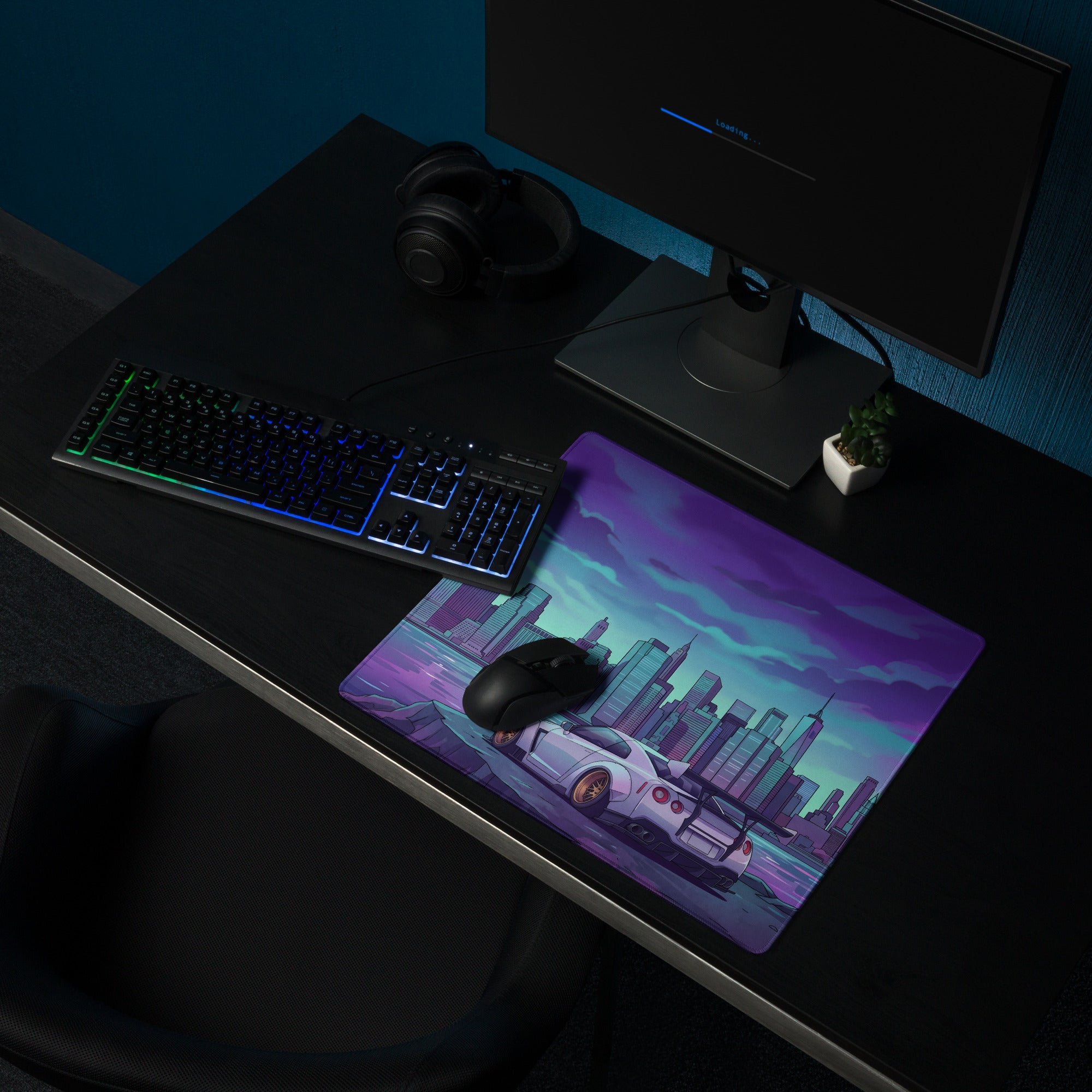 Nissan GT-R R35 Inspired White Purple Vaporwave Gaming Mouse Pad – Neon Futuristic City Skyline Desk Mat with Synthwave Waterfront Art