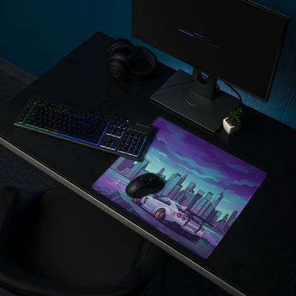 Nissan GT-R R35 Inspired White Purple Vaporwave Gaming Mouse Pad – Neon Futuristic City Skyline Desk Mat with Synthwave Waterfront Art
