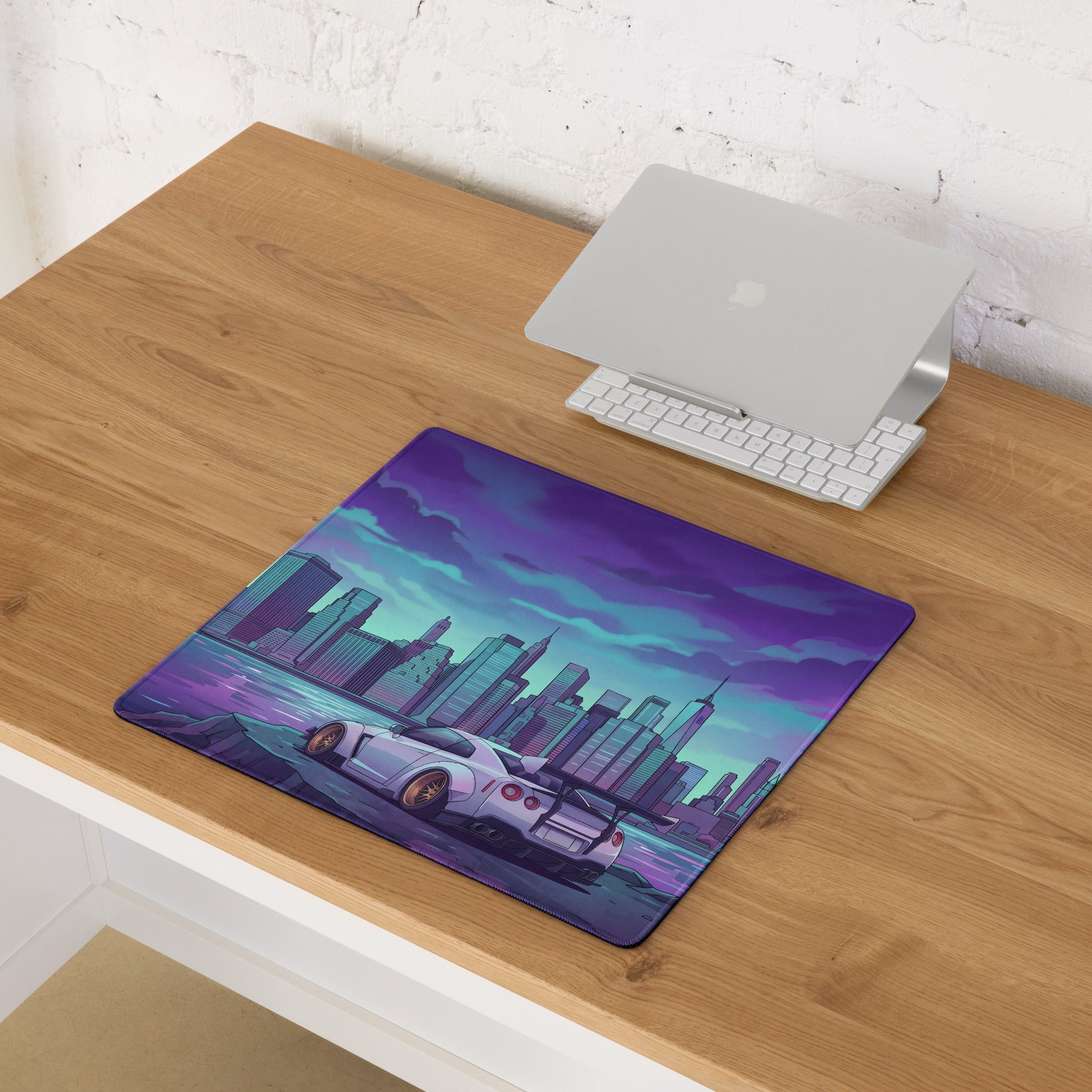Nissan GT-R R35 Inspired White Purple Vaporwave Gaming Mouse Pad – Neon Futuristic City Skyline Desk Mat with Synthwave Waterfront Art