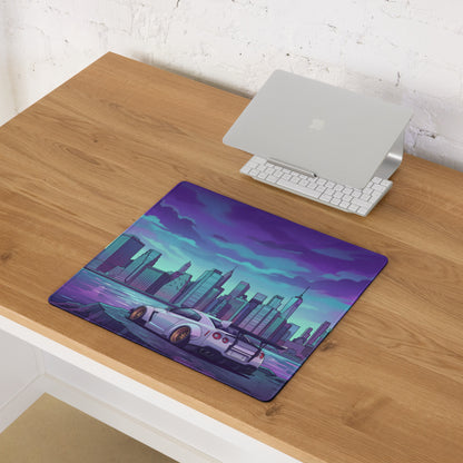 Nissan GT-R R35 Inspired White Purple Vaporwave Gaming Mouse Pad – Neon Futuristic City Skyline Desk Mat with Synthwave Waterfront Art