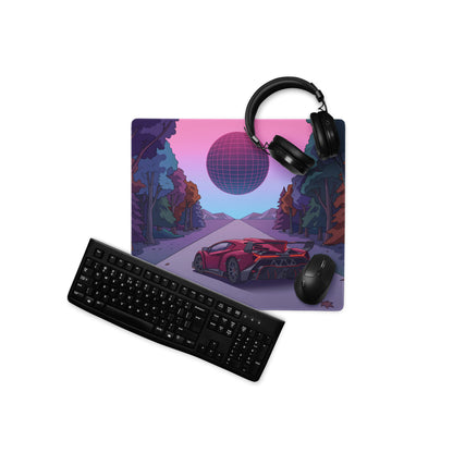 Lamborghini Essenza SCV12 Inspired Red Vaporwave Gaming Mouse Pad – Neon Forest Road Desk Mat with Retro Futuristic Synthwave Sunset Art