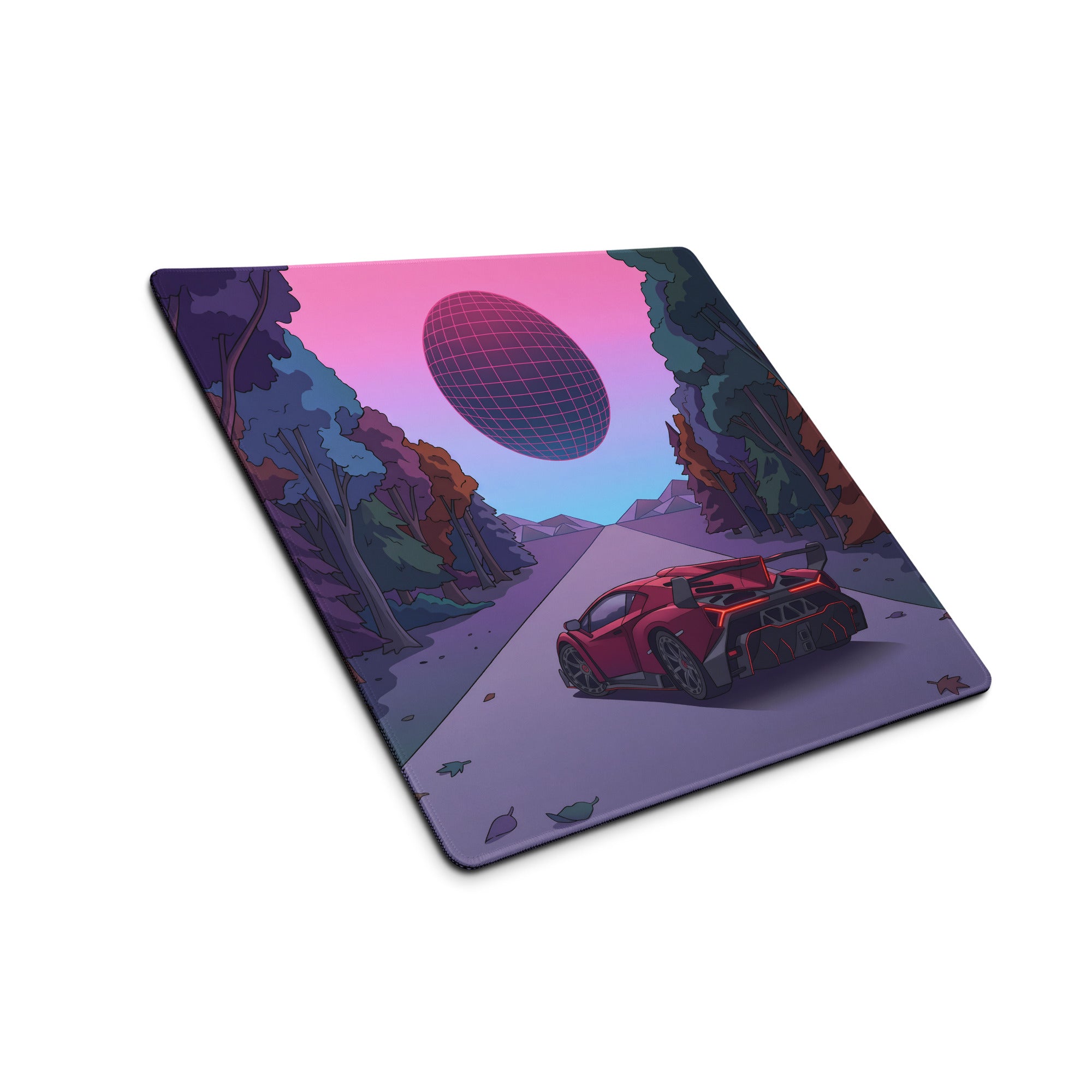 Lamborghini Essenza SCV12 Inspired Red Vaporwave Gaming Mouse Pad – Neon Forest Road Desk Mat with Retro Futuristic Synthwave Sunset Art