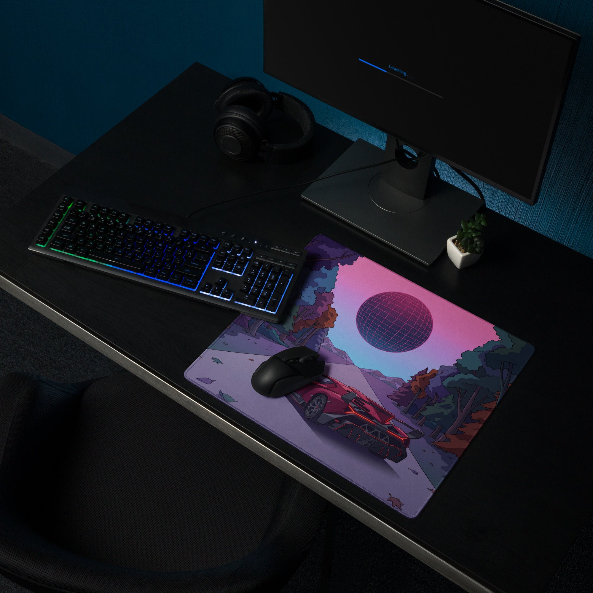 Lamborghini Essenza SCV12 Inspired Red Vaporwave Gaming Mouse Pad – Neon Forest Road Desk Mat with Retro Futuristic Synthwave Sunset Art