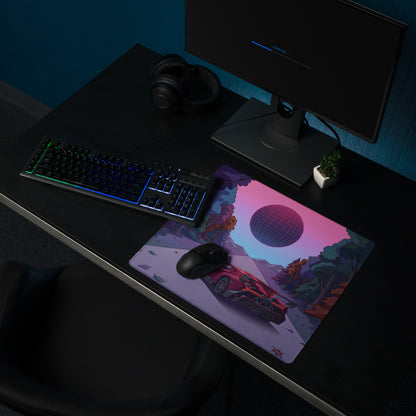 Lamborghini Essenza SCV12 Inspired Red Vaporwave Gaming Mouse Pad – Neon Forest Road Desk Mat with Retro Futuristic Synthwave Sunset Art