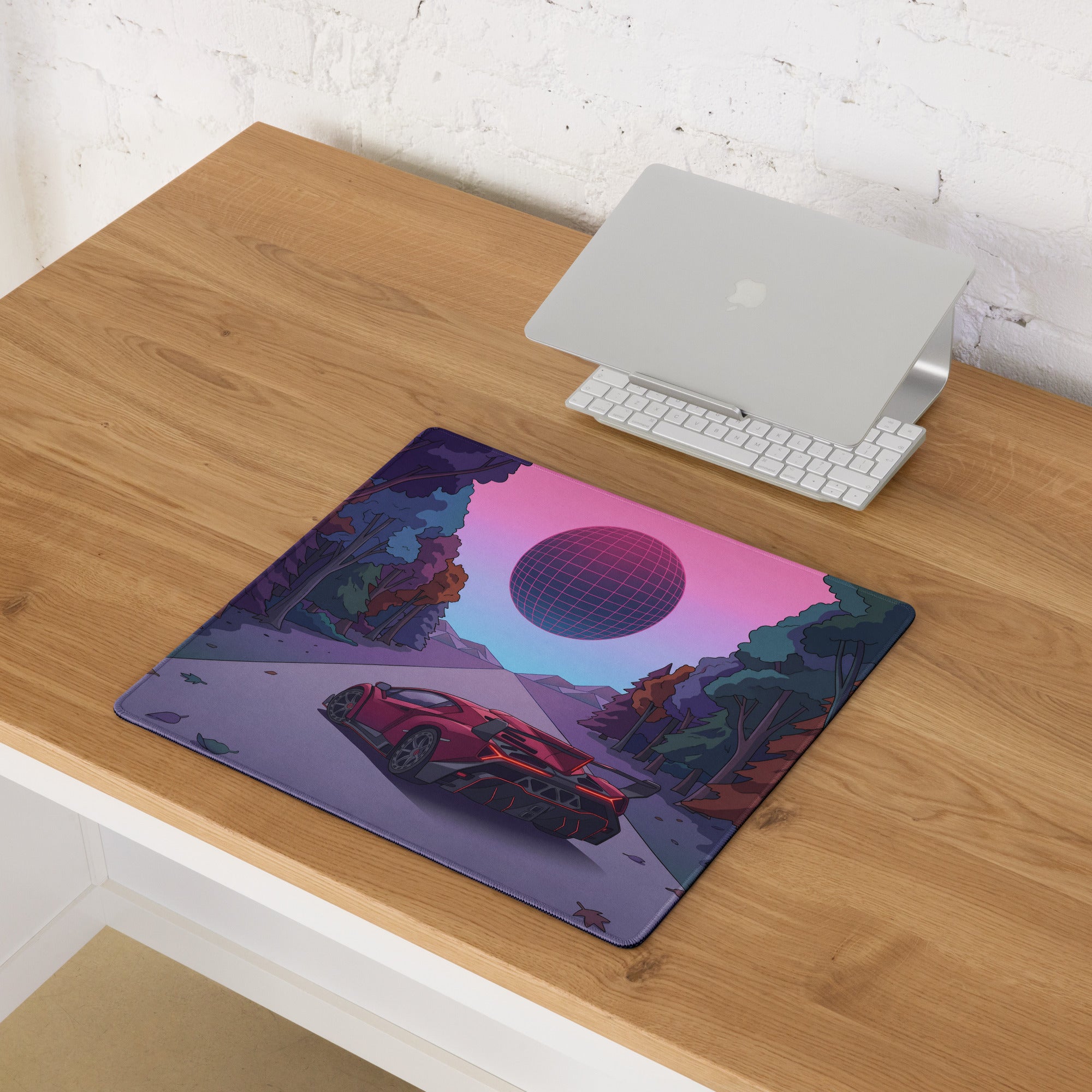 Lamborghini Essenza SCV12 Inspired Red Vaporwave Gaming Mouse Pad – Neon Forest Road Desk Mat with Retro Futuristic Synthwave Sunset Art