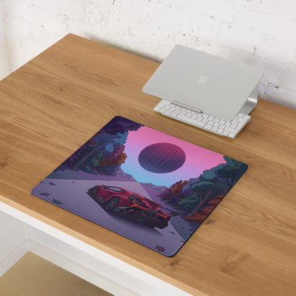 Lamborghini Essenza SCV12 Inspired Red Vaporwave Gaming Mouse Pad – Neon Forest Road Desk Mat with Retro Futuristic Synthwave Sunset Art