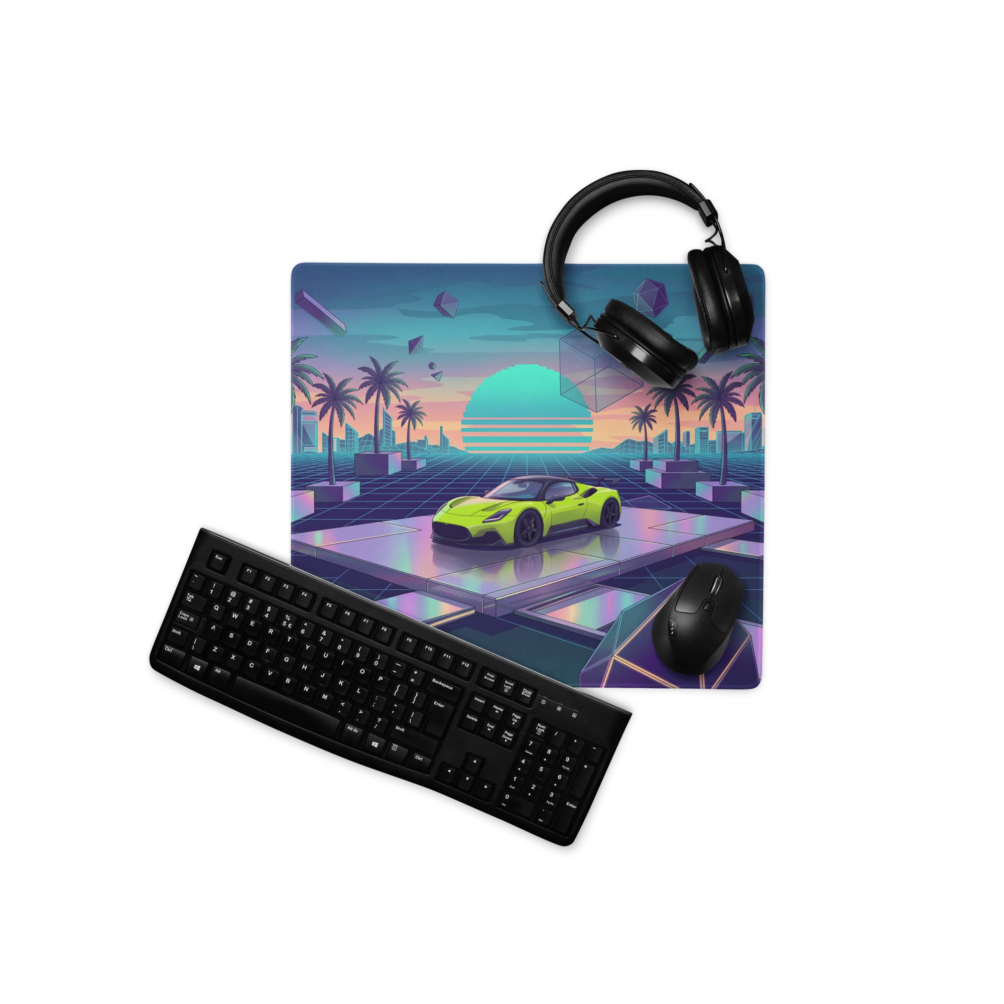 Maserati MC20 Inspired Lime Green Vaporwave Gaming Mouse Pad – Neon Retro Futuristic Cityscape Desk Mat with Palm Trees and Synthwave Art