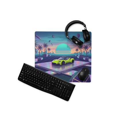 Maserati MC20 Inspired Lime Green Vaporwave Gaming Mouse Pad – Neon Retro Futuristic Cityscape Desk Mat with Palm Trees and Synthwave Art