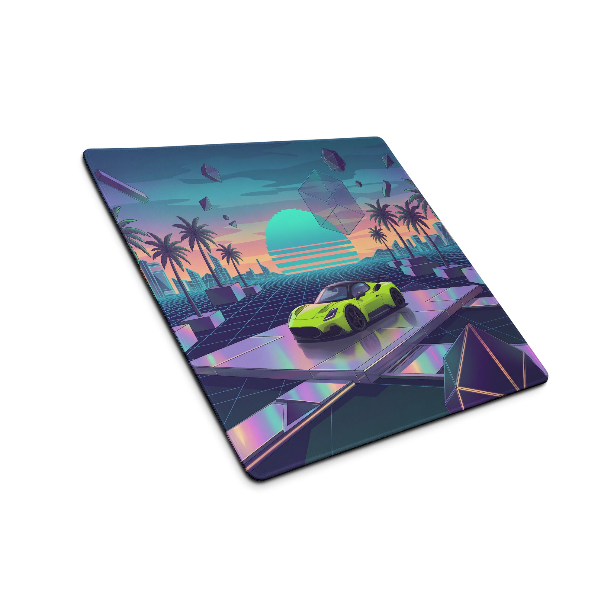 Maserati MC20 Inspired Lime Green Vaporwave Gaming Mouse Pad – Neon Retro Futuristic Cityscape Desk Mat with Palm Trees and Synthwave Art