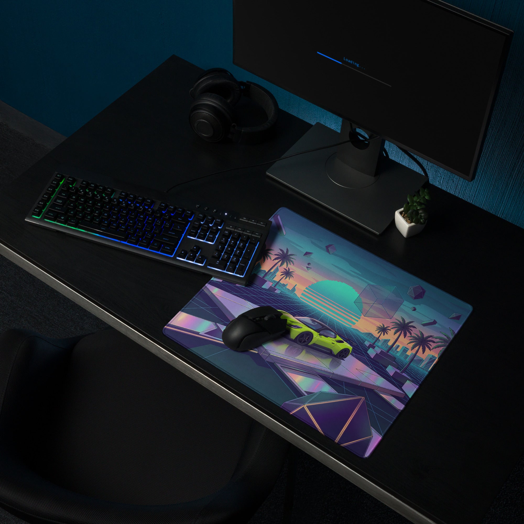 Maserati MC20 Inspired Lime Green Vaporwave Gaming Mouse Pad – Neon Retro Futuristic Cityscape Desk Mat with Palm Trees and Synthwave Art