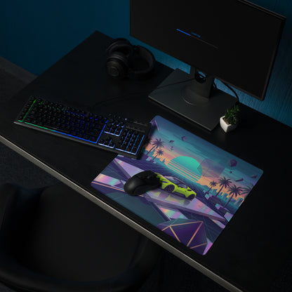 Maserati MC20 Inspired Lime Green Vaporwave Gaming Mouse Pad – Neon Retro Futuristic Cityscape Desk Mat with Palm Trees and Synthwave Art