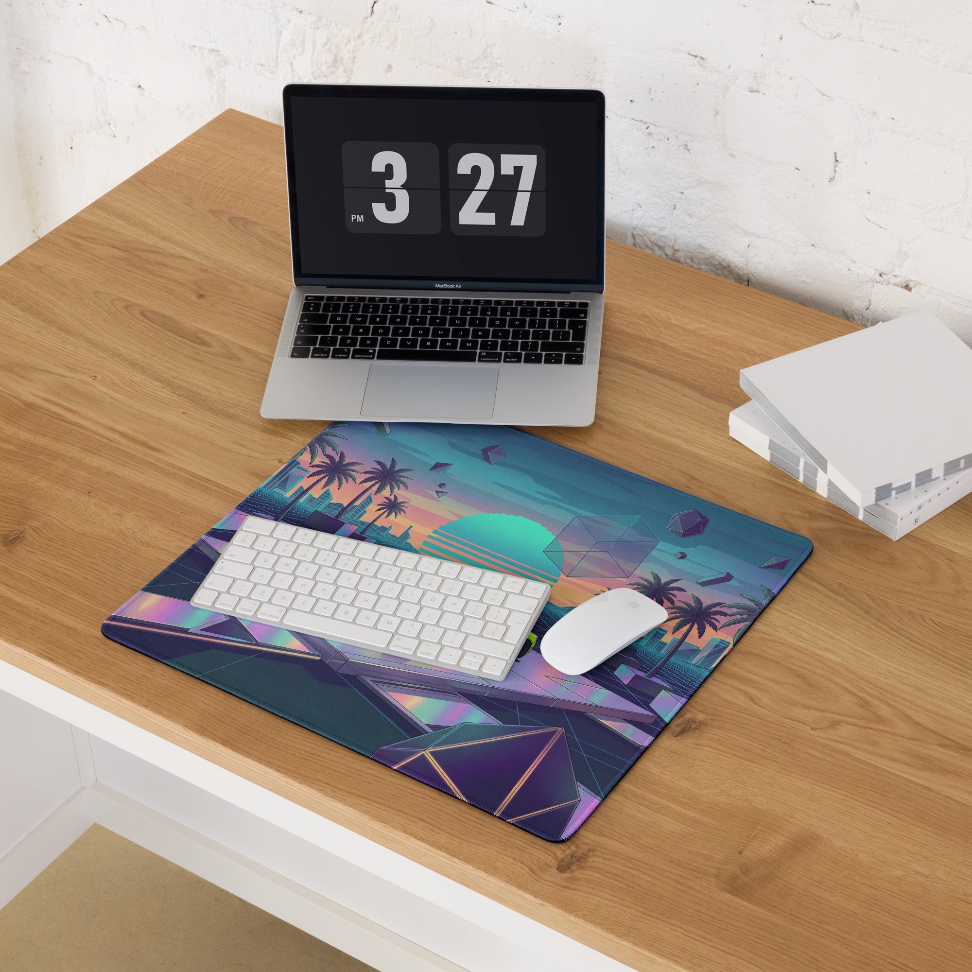 Maserati MC20 Inspired Lime Green Vaporwave Gaming Mouse Pad – Neon Retro Futuristic Cityscape Desk Mat with Palm Trees and Synthwave Art