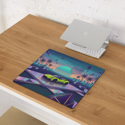 Maserati MC20 Inspired Lime Green Vaporwave Gaming Mouse Pad – Neon Retro Futuristic Cityscape Desk Mat with Palm Trees and Synthwave Art