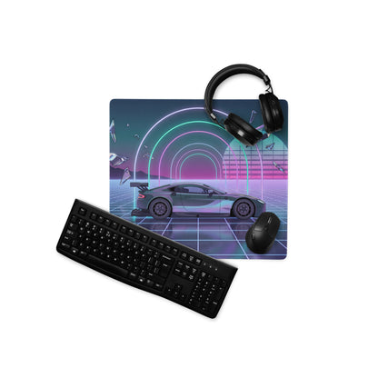Aston Martin Vantage GT3 Inspired Silver Vaporwave Gaming Mouse Pad – Neon Cyan Pink Grid Desk Mat with Retro Futuristic Synthwave Tunnel Art