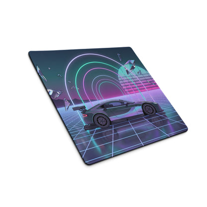 Aston Martin Vantage GT3 Inspired Silver Vaporwave Gaming Mouse Pad – Neon Cyan Pink Grid Desk Mat with Retro Futuristic Synthwave Tunnel Art