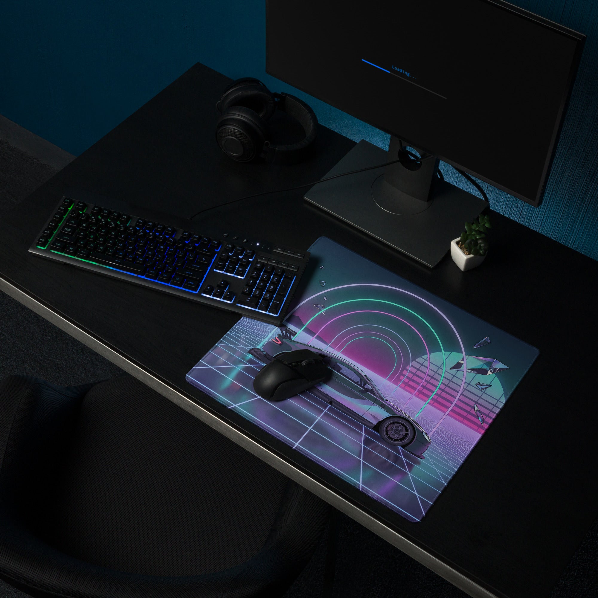 Aston Martin Vantage GT3 Inspired Silver Vaporwave Gaming Mouse Pad – Neon Cyan Pink Grid Desk Mat with Retro Futuristic Synthwave Tunnel Art