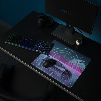 Aston Martin Vantage GT3 Inspired Silver Vaporwave Gaming Mouse Pad – Neon Cyan Pink Grid Desk Mat with Retro Futuristic Synthwave Tunnel Art