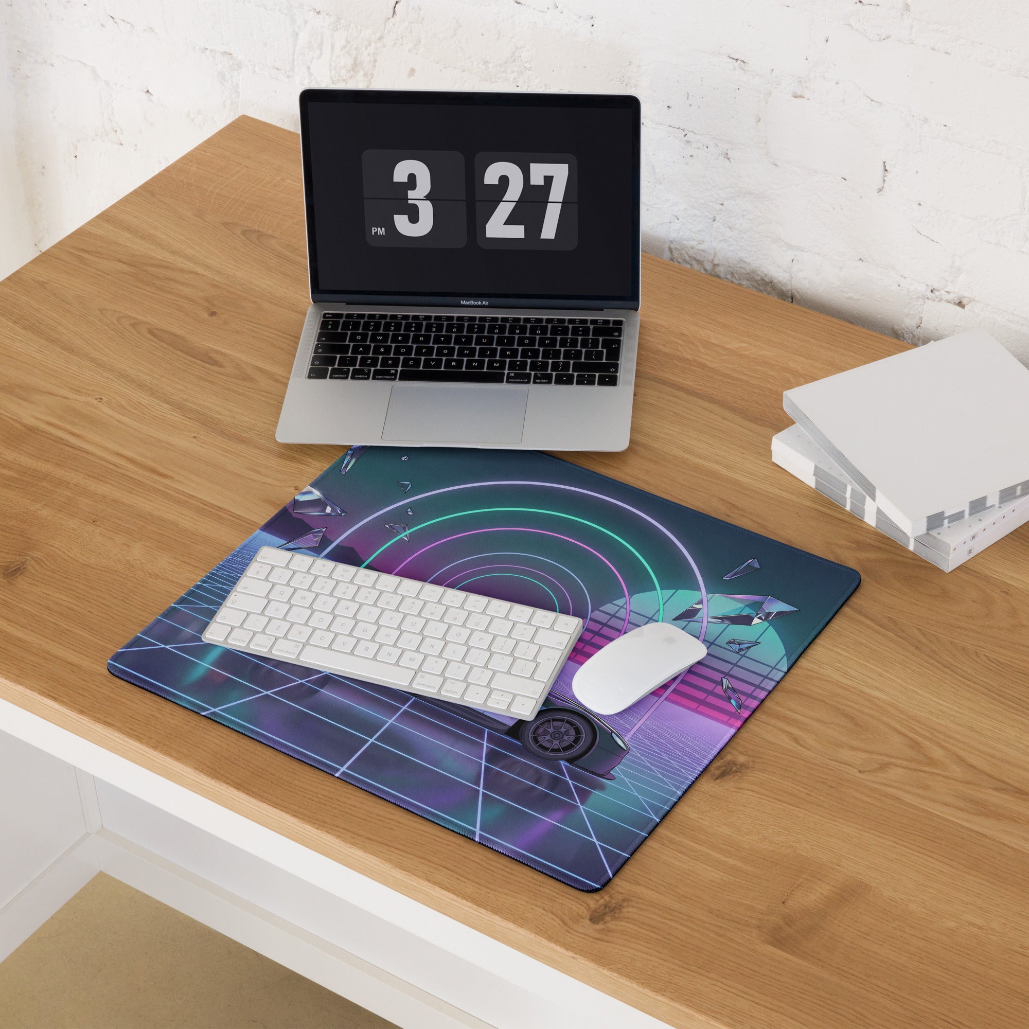 Aston Martin Vantage GT3 Inspired Silver Vaporwave Gaming Mouse Pad – Neon Cyan Pink Grid Desk Mat with Retro Futuristic Synthwave Tunnel Art