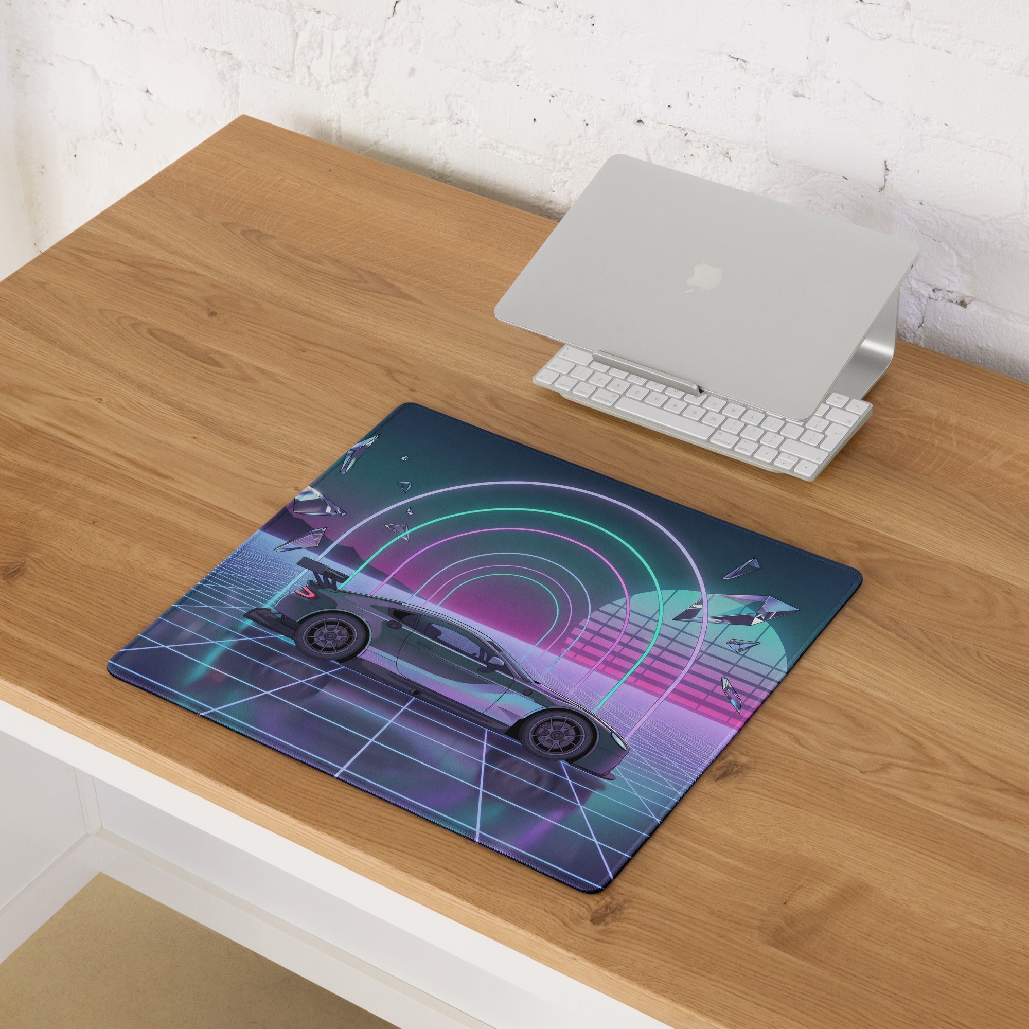 Aston Martin Vantage GT3 Inspired Silver Vaporwave Gaming Mouse Pad – Neon Cyan Pink Grid Desk Mat with Retro Futuristic Synthwave Tunnel Art