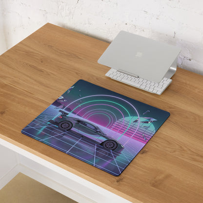 Aston Martin Vantage GT3 Inspired Silver Vaporwave Gaming Mouse Pad – Neon Cyan Pink Grid Desk Mat with Retro Futuristic Synthwave Tunnel Art