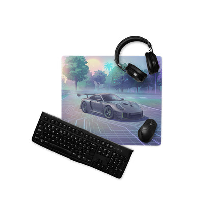 Porsche 911 GT3 R Inspired Silver Vaporwave Gaming Mouse Pad – Pastel Neon Racetrack Desk Mat with Tropical Trees and Futuristic Circuit Art