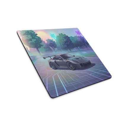 Porsche 911 GT3 R Inspired Silver Vaporwave Gaming Mouse Pad – Pastel Neon Racetrack Desk Mat with Tropical Trees and Futuristic Circuit Art