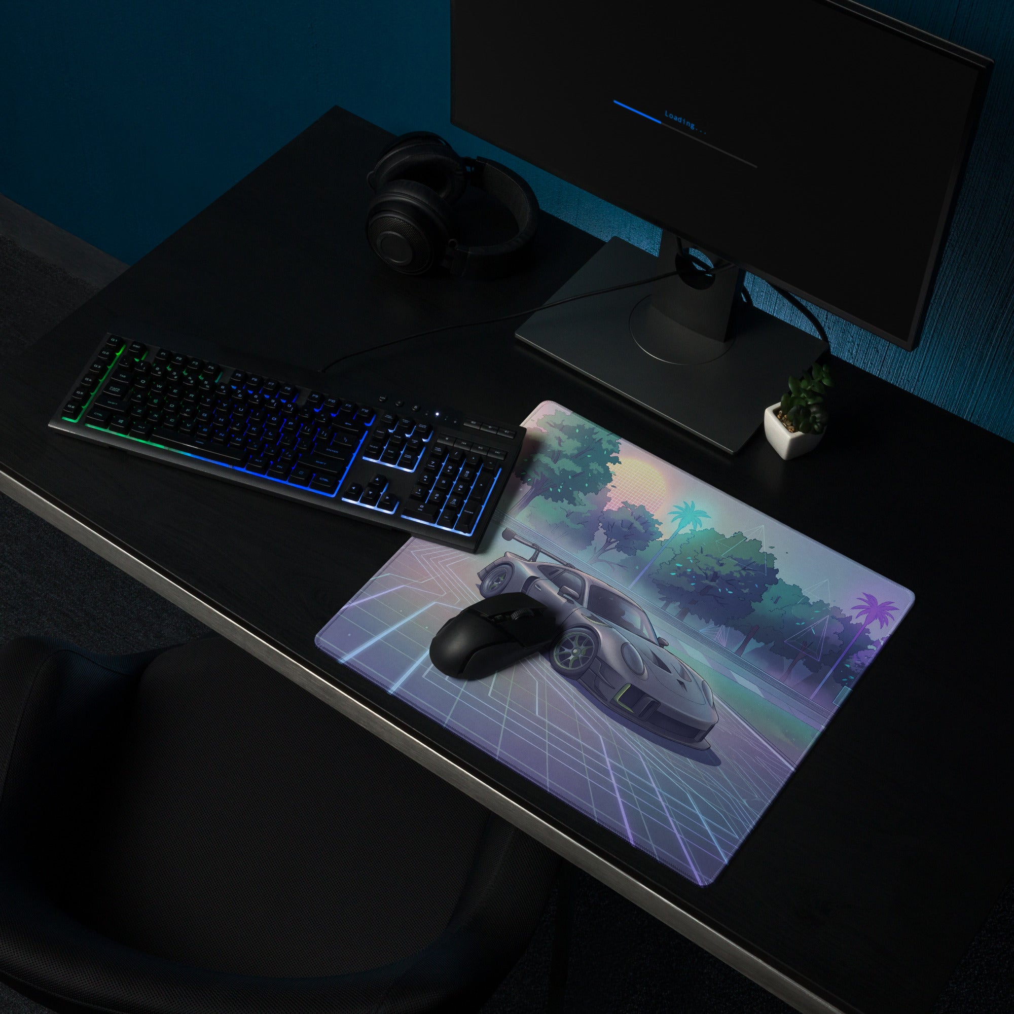 Porsche 911 GT3 R Inspired Silver Vaporwave Gaming Mouse Pad – Pastel Neon Racetrack Desk Mat with Tropical Trees and Futuristic Circuit Art