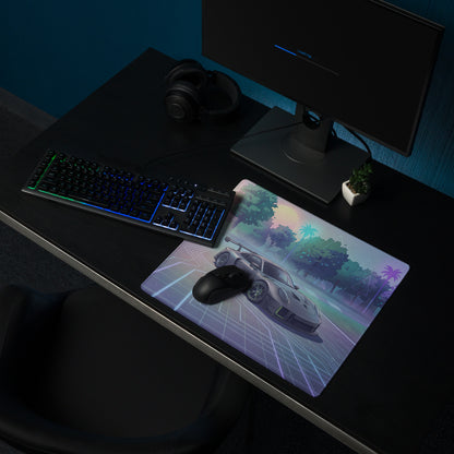 Porsche 911 GT3 R Inspired Silver Vaporwave Gaming Mouse Pad – Pastel Neon Racetrack Desk Mat with Tropical Trees and Futuristic Circuit Art