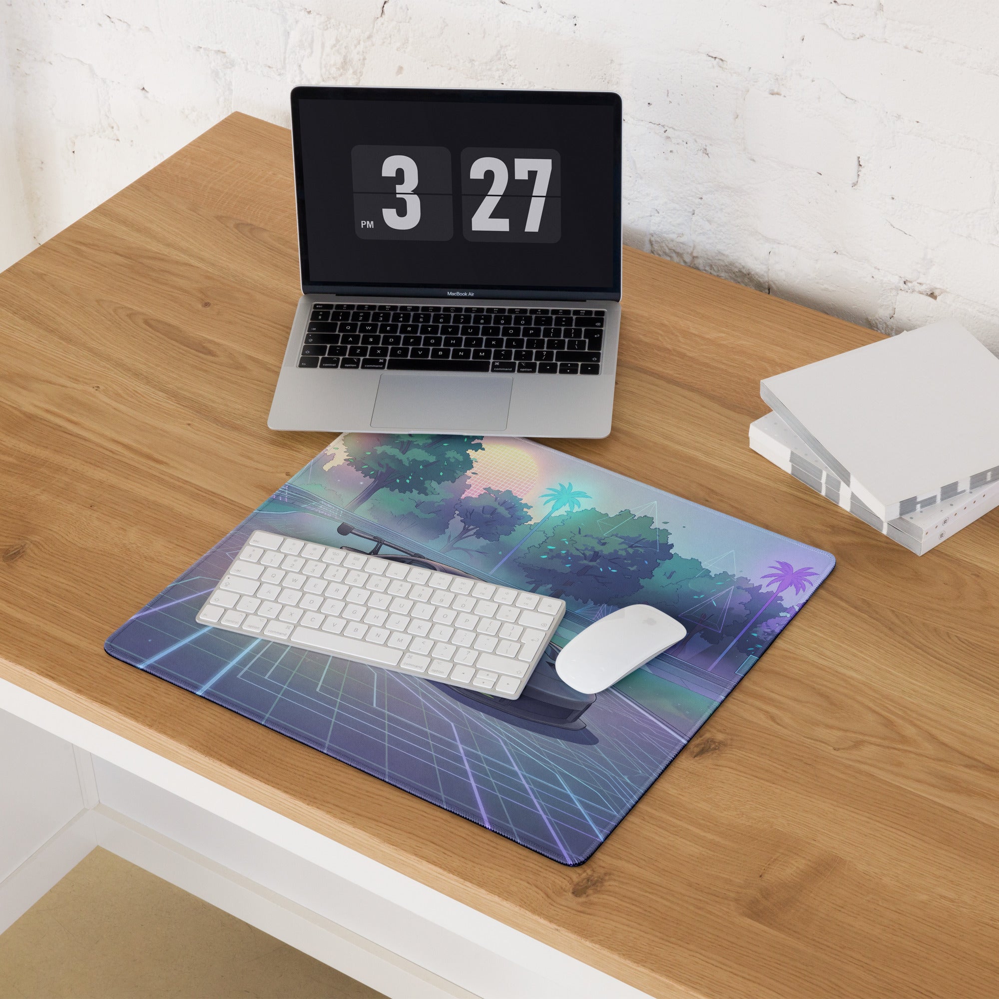 Porsche 911 GT3 R Inspired Silver Vaporwave Gaming Mouse Pad – Pastel Neon Racetrack Desk Mat with Tropical Trees and Futuristic Circuit Art