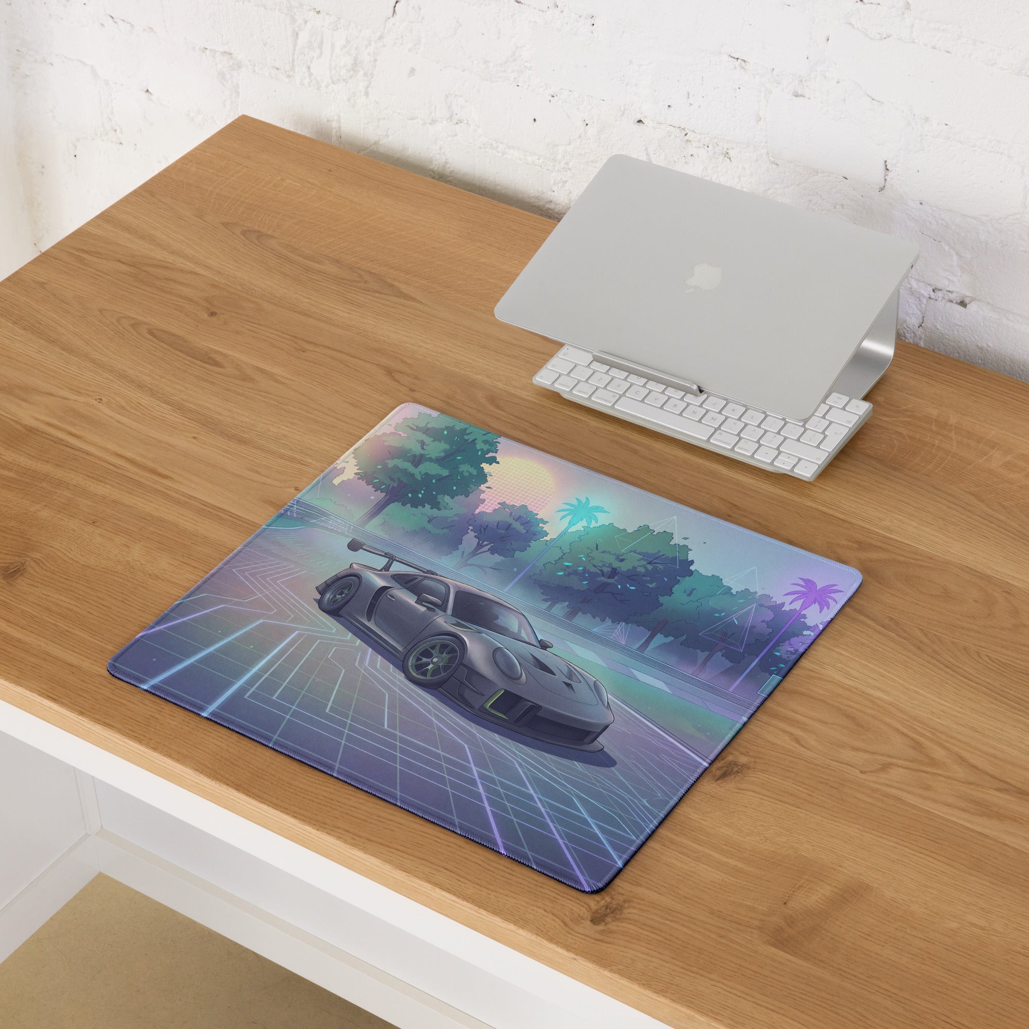 Porsche 911 GT3 R Inspired Silver Vaporwave Gaming Mouse Pad – Pastel Neon Racetrack Desk Mat with Tropical Trees and Futuristic Circuit Art