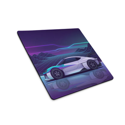 Porsche Mission R Inspired White Vaporwave Gaming Mouse Pad – Neon Purple Cyan Grid Desk Mat with Retro Futuristic Mountains and Synthwave Racing Art