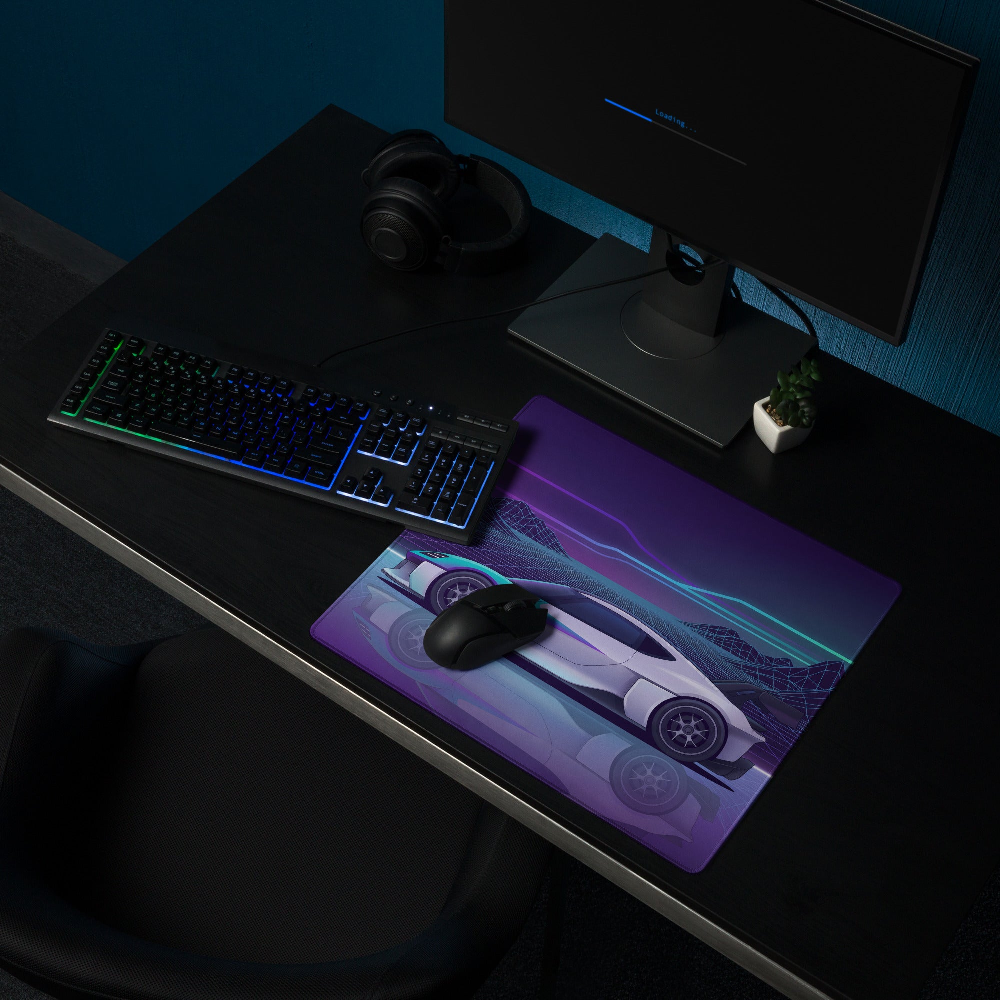 Porsche Mission R Inspired White Vaporwave Gaming Mouse Pad – Neon Purple Cyan Grid Desk Mat with Retro Futuristic Mountains and Synthwave Racing Art