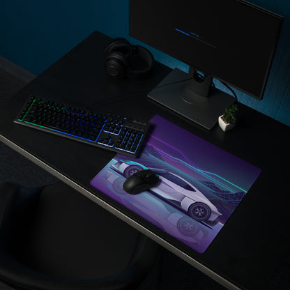 Porsche Mission R Inspired White Vaporwave Gaming Mouse Pad – Neon Purple Cyan Grid Desk Mat with Retro Futuristic Mountains and Synthwave Racing Art