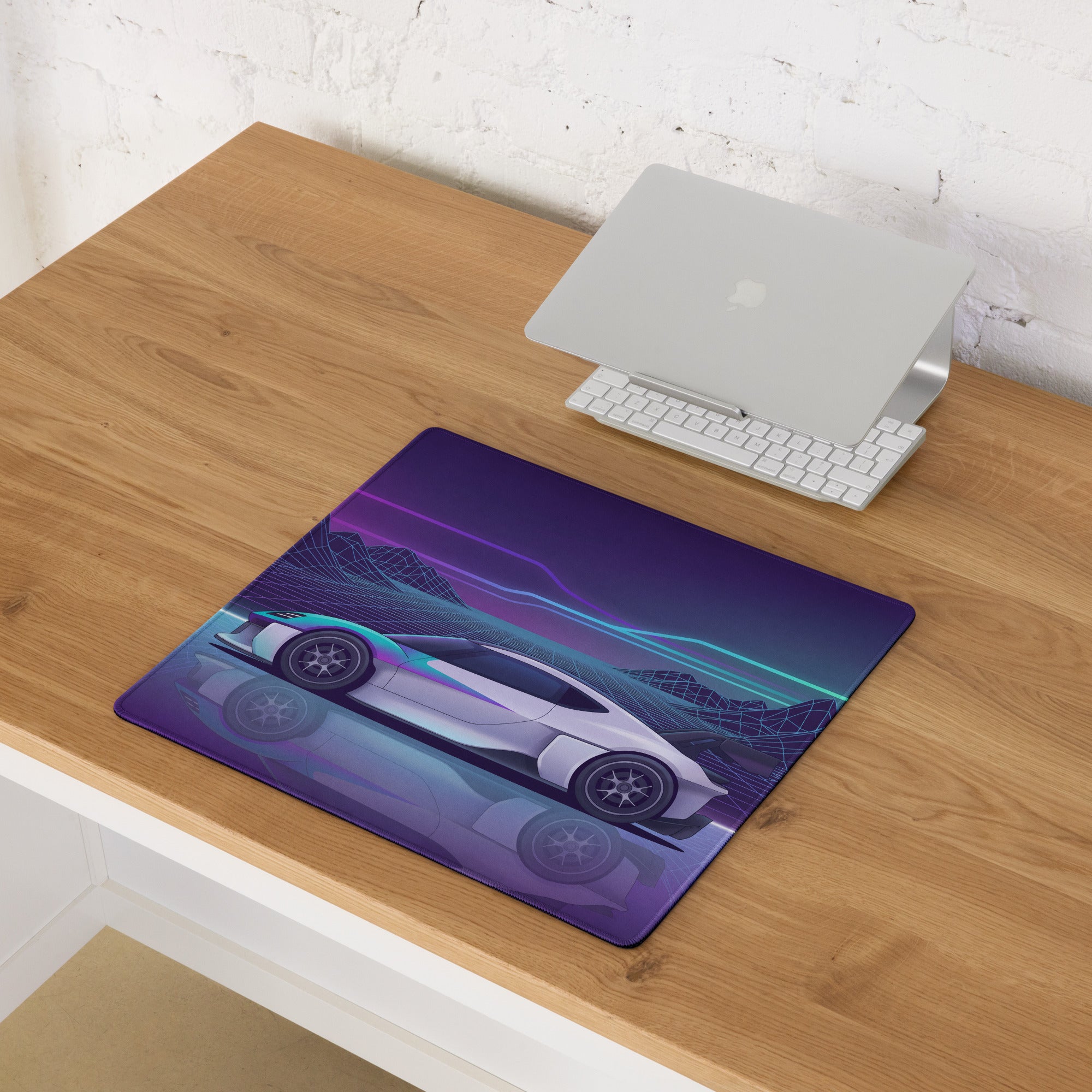 Porsche Mission R Inspired White Vaporwave Gaming Mouse Pad – Neon Purple Cyan Grid Desk Mat with Retro Futuristic Mountains and Synthwave Racing Art