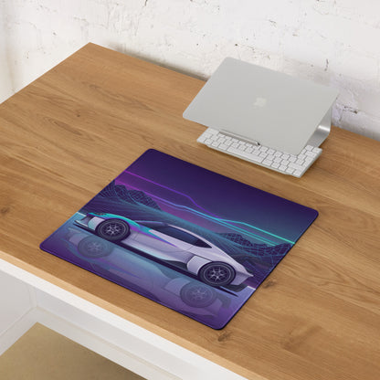 Porsche Mission R Inspired White Vaporwave Gaming Mouse Pad – Neon Purple Cyan Grid Desk Mat with Retro Futuristic Mountains and Synthwave Racing Art