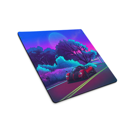 Pagani Zonda Inspired Red Black Vaporwave Gaming Mouse Pad – Neon Forest Road Desk Mat with Retro Futuristic Grid Landscape and Synthwave Night Art