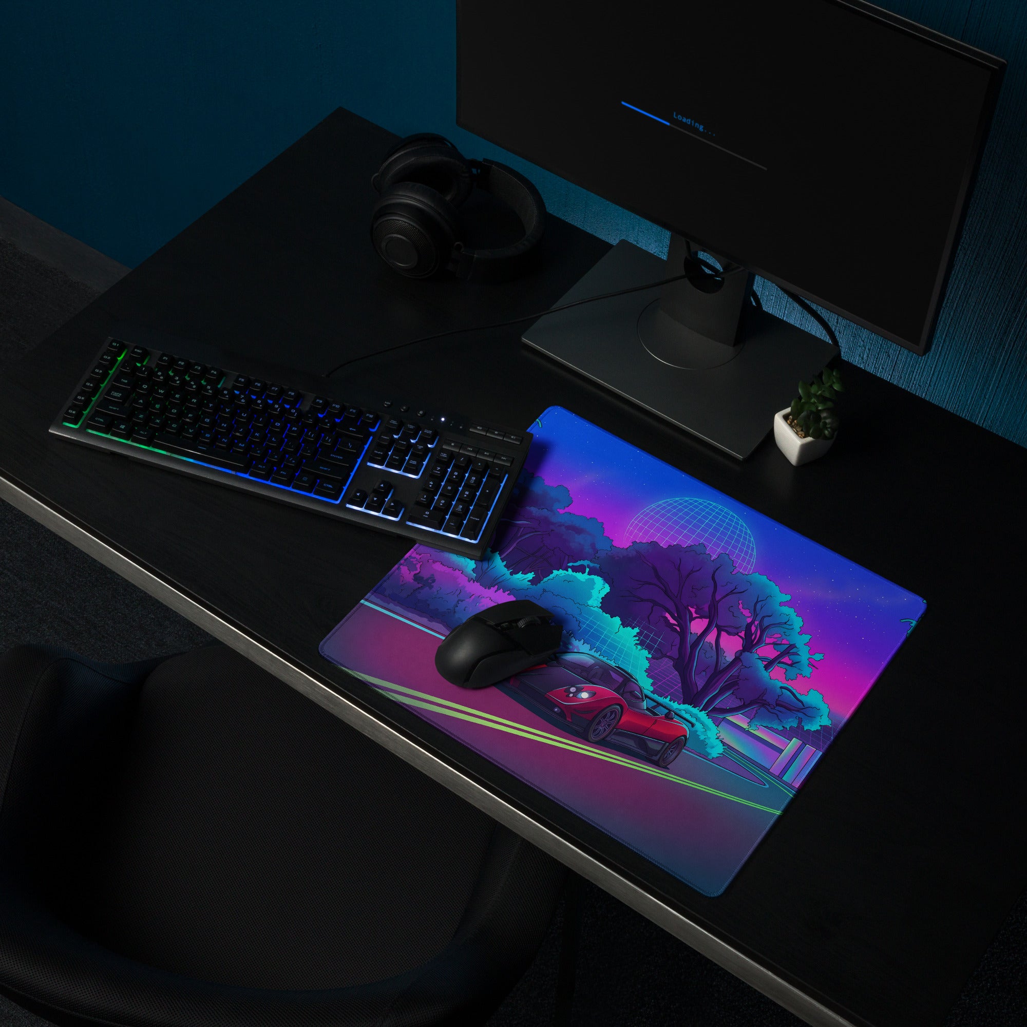 Pagani Zonda Inspired Red Black Vaporwave Gaming Mouse Pad – Neon Forest Road Desk Mat with Retro Futuristic Grid Landscape and Synthwave Night Art
