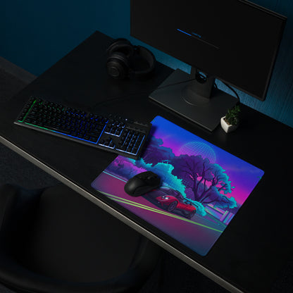 Pagani Zonda Inspired Red Black Vaporwave Gaming Mouse Pad – Neon Forest Road Desk Mat with Retro Futuristic Grid Landscape and Synthwave Night Art