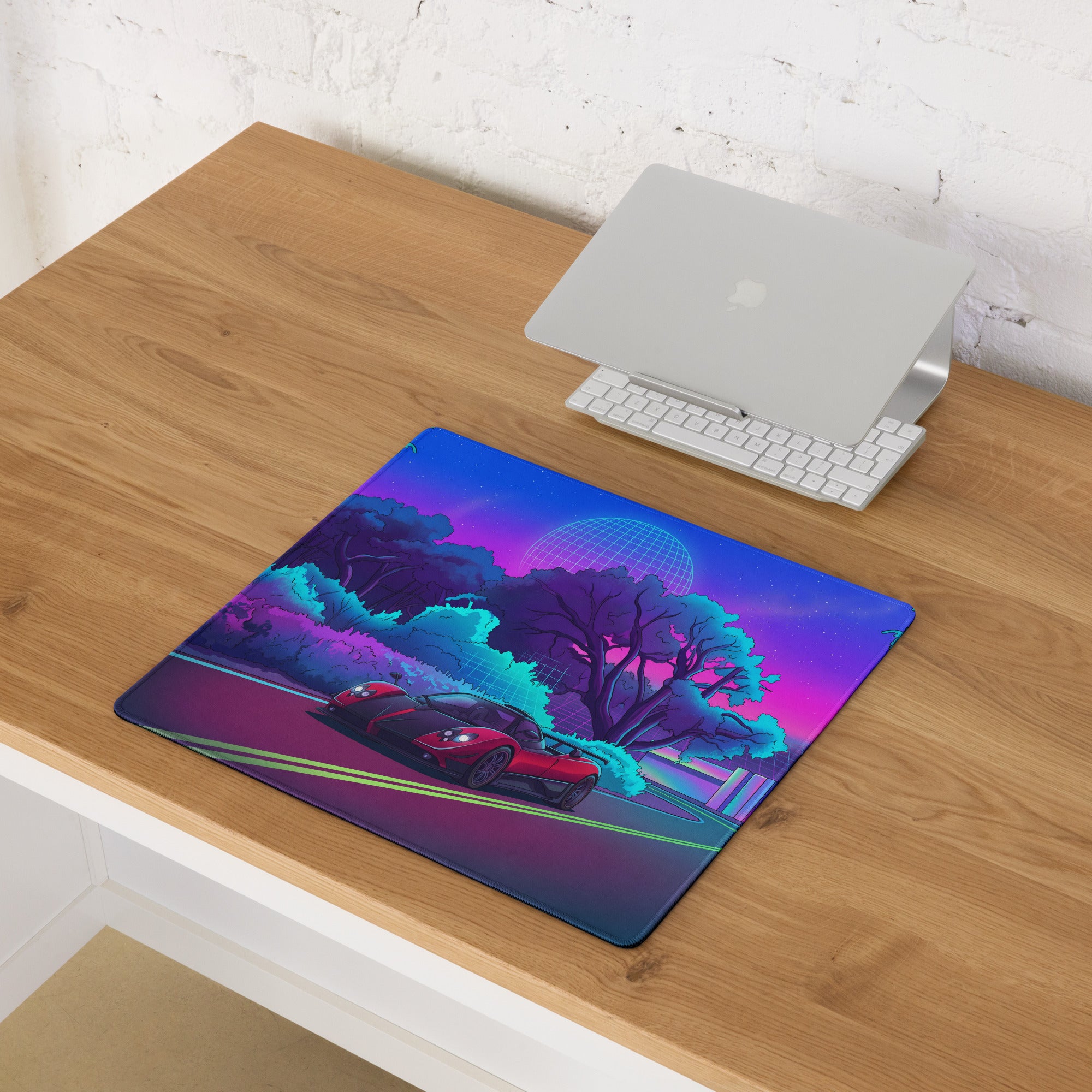 Pagani Zonda Inspired Red Black Vaporwave Gaming Mouse Pad – Neon Forest Road Desk Mat with Retro Futuristic Grid Landscape and Synthwave Night Art