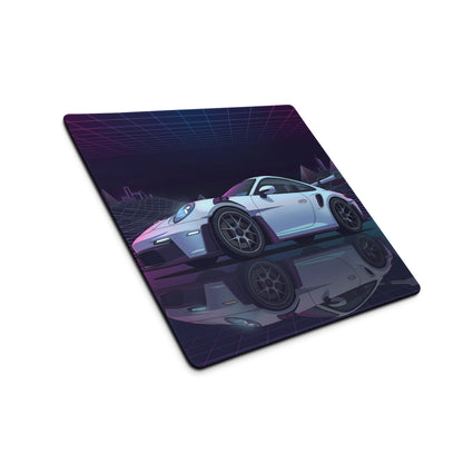 Porsche 911 GT3 RS Inspired White Vaporwave Gaming Mouse Pad – Neon Purple Grid Desk Mat with Retro Futuristic Mountains and Synthwave Racing Art