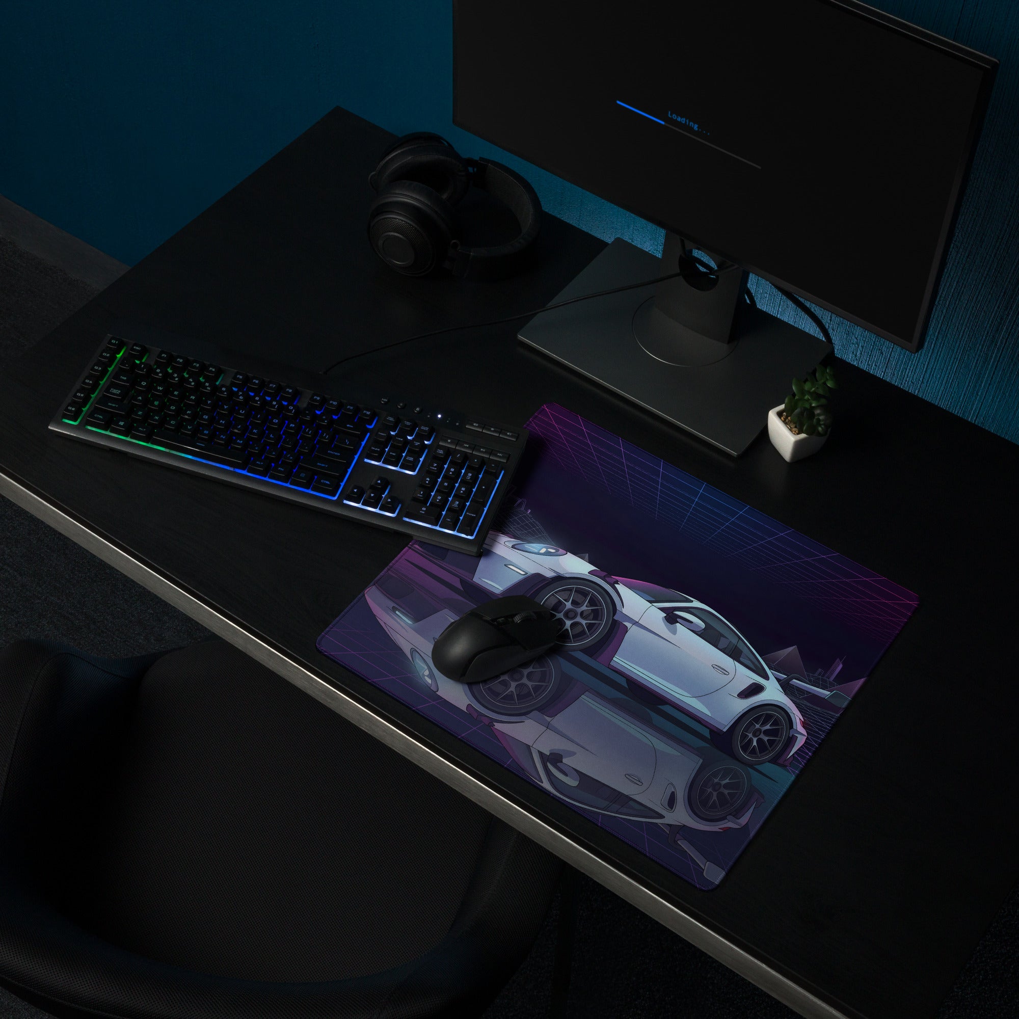 Porsche 911 GT3 RS Inspired White Vaporwave Gaming Mouse Pad – Neon Purple Grid Desk Mat with Retro Futuristic Mountains and Synthwave Racing Art